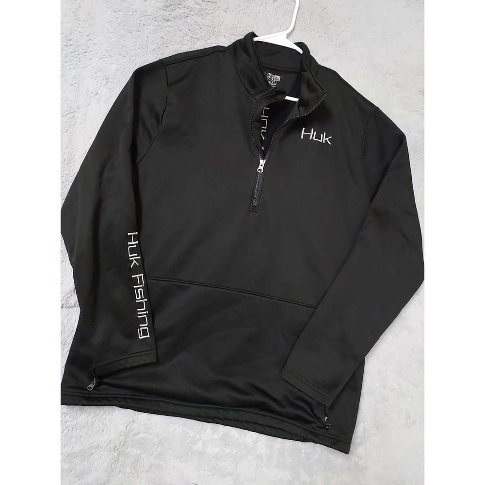 Huk Pullover Men XL Fishing Quarter Zip Fleece Lined Black Embroidered Mock Neck